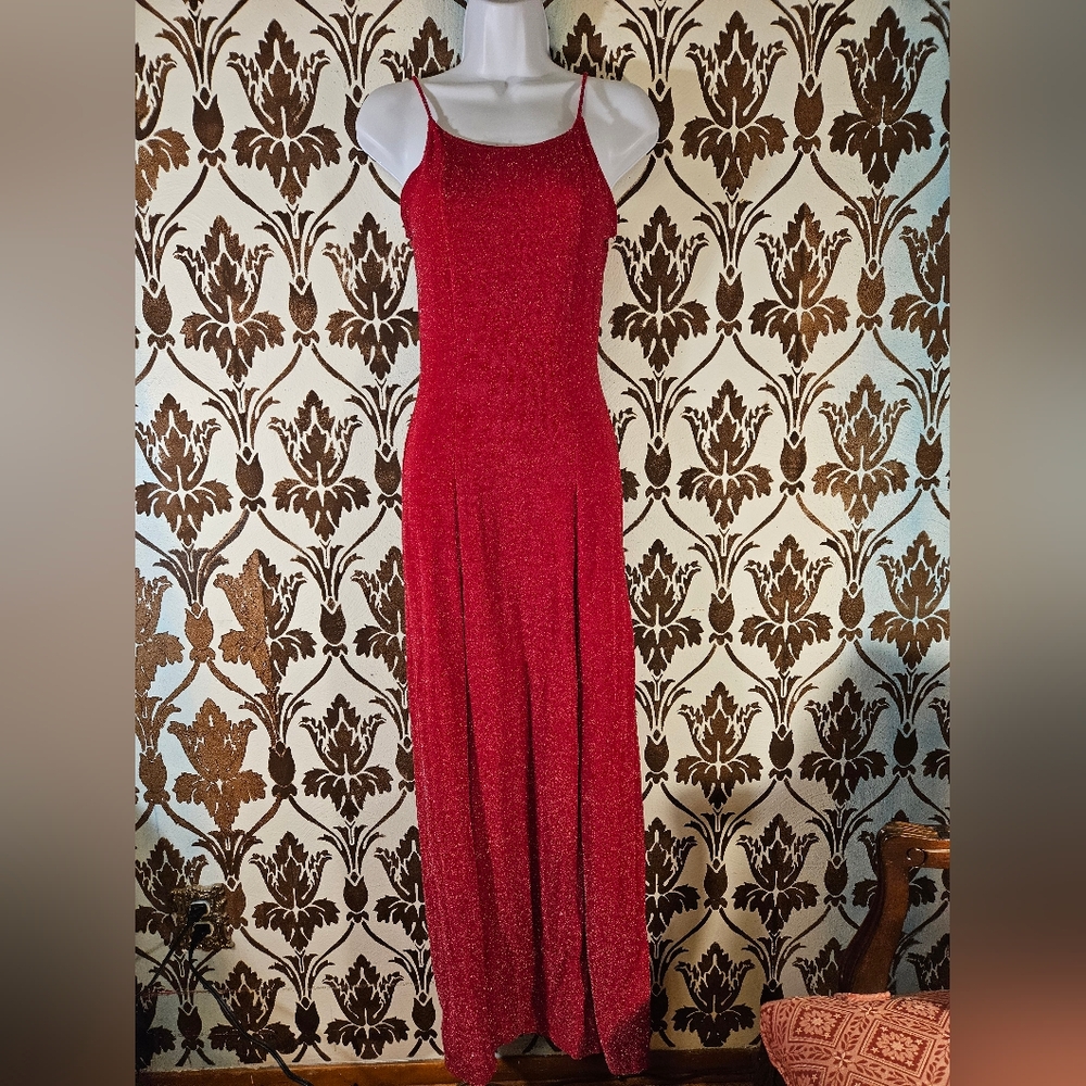 Unbranded Vtg.90s Y2K Stretch Red Metallic Maxi Prom Dress Women's XS-S